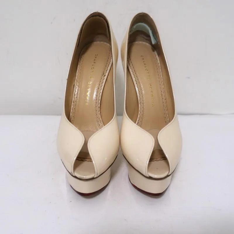 Charlotte Olympia Daphne Peep Toe Platform Pumps Cream Patent Leather Size 36