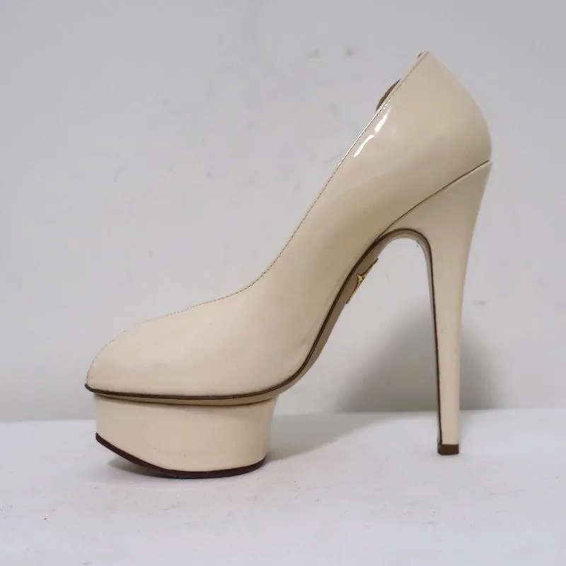 Charlotte Olympia Daphne Peep Toe Platform Pumps Cream Patent Leather Size 36