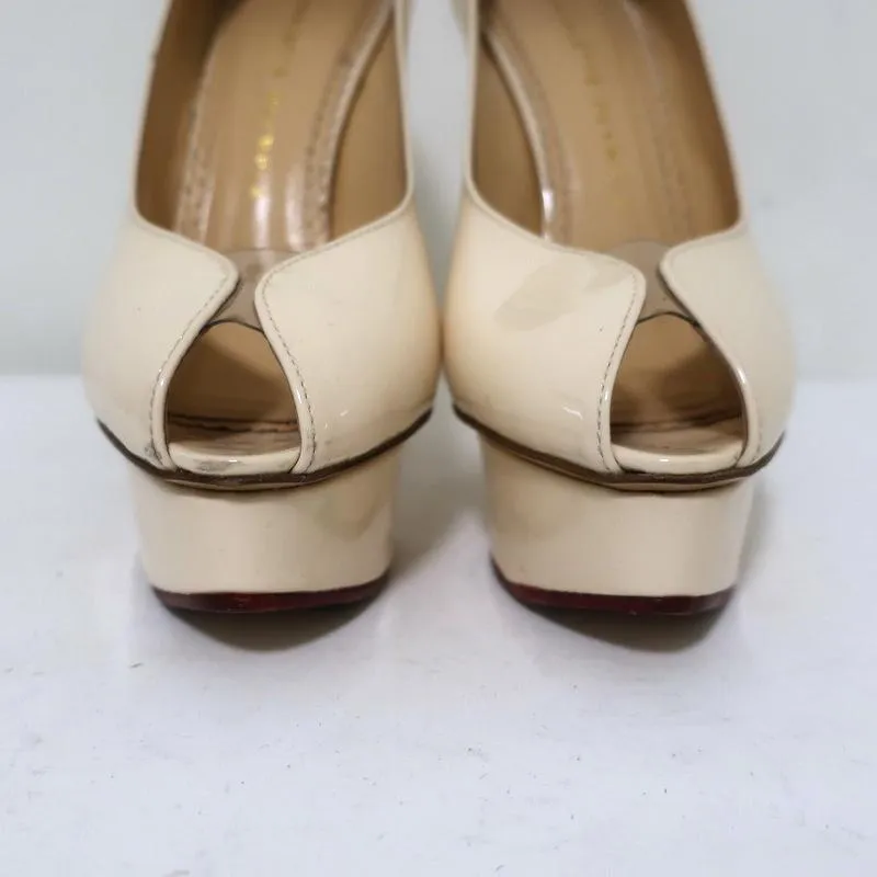 Charlotte Olympia Daphne Peep Toe Platform Pumps Cream Patent Leather Size 36