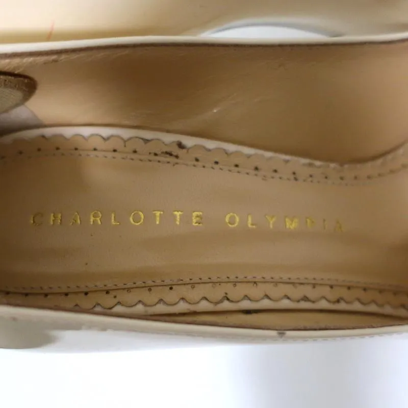 Charlotte Olympia Daphne Peep Toe Platform Pumps Cream Patent Leather Size 36