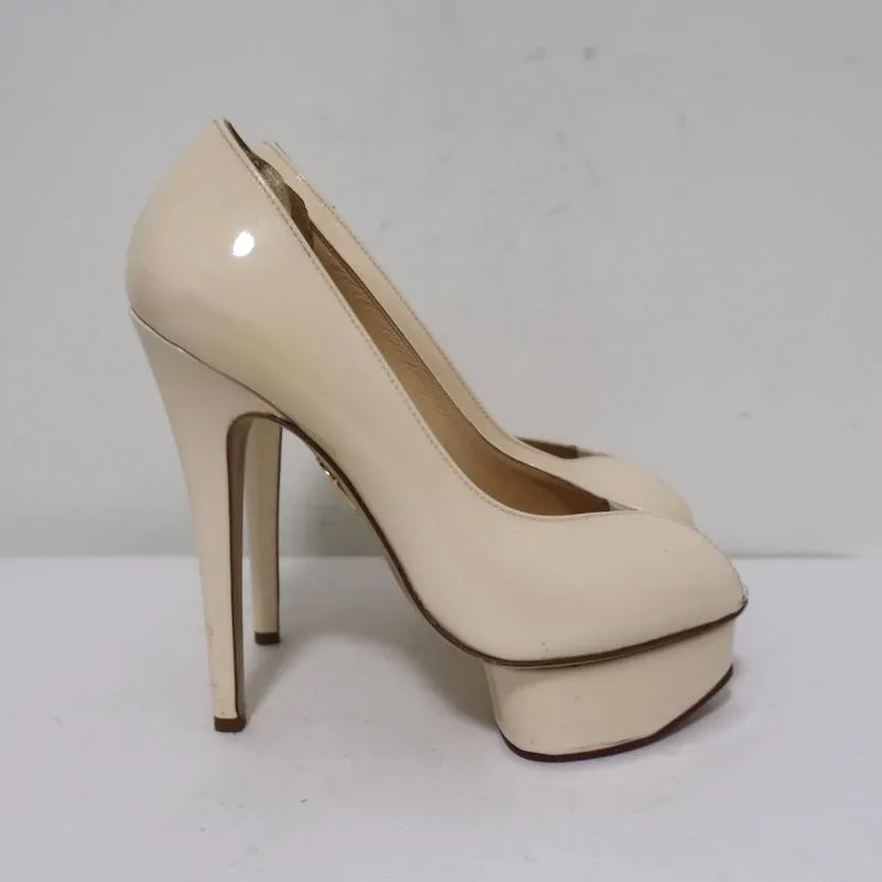 Charlotte Olympia Daphne Peep Toe Platform Pumps Cream Patent Leather Size 36