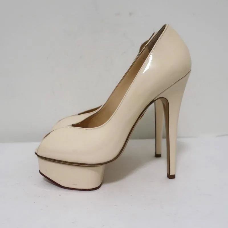 Charlotte Olympia Daphne Peep Toe Platform Pumps Cream Patent Leather Size 36