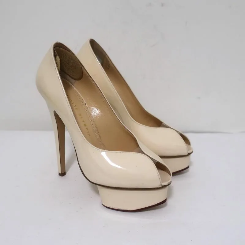 Charlotte Olympia Daphne Peep Toe Platform Pumps Cream Patent Leather Size 36