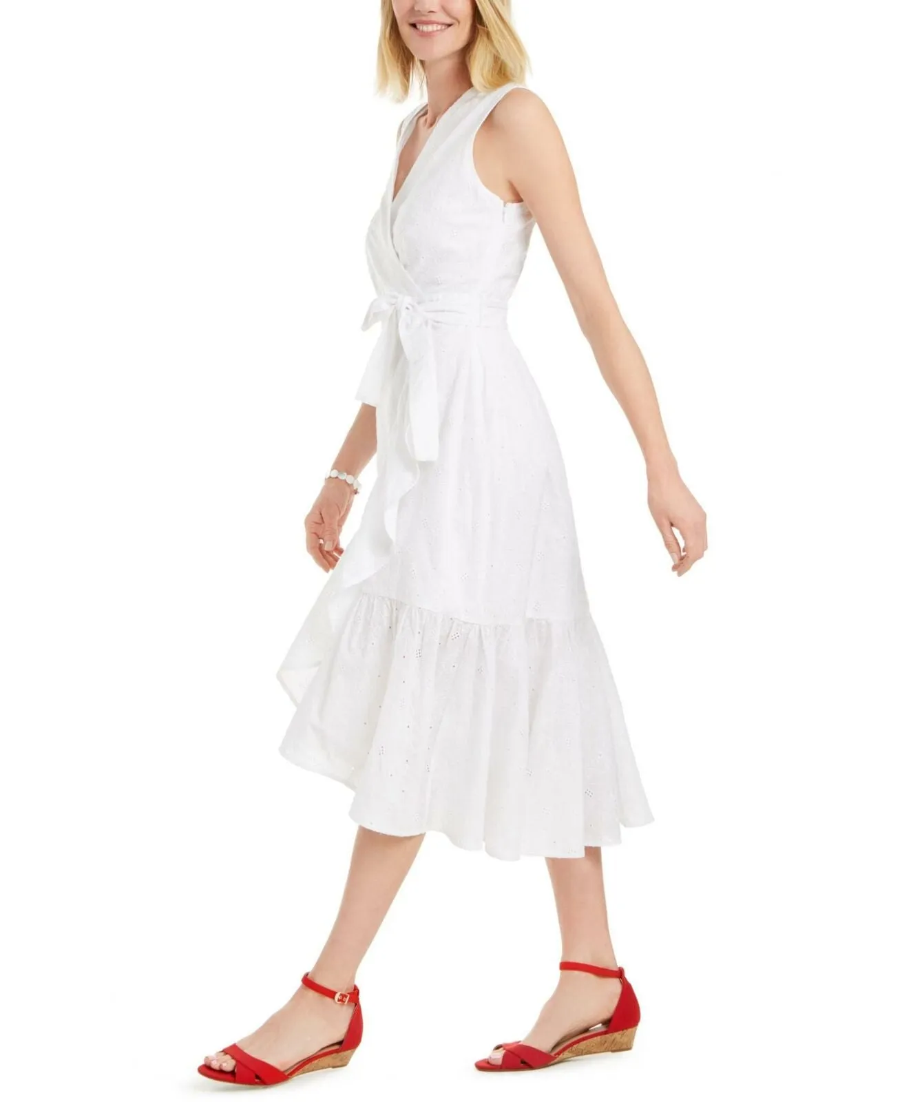 Charter Club Women's Cotton Eyelet Flounce Wrap Dress Bright White 8