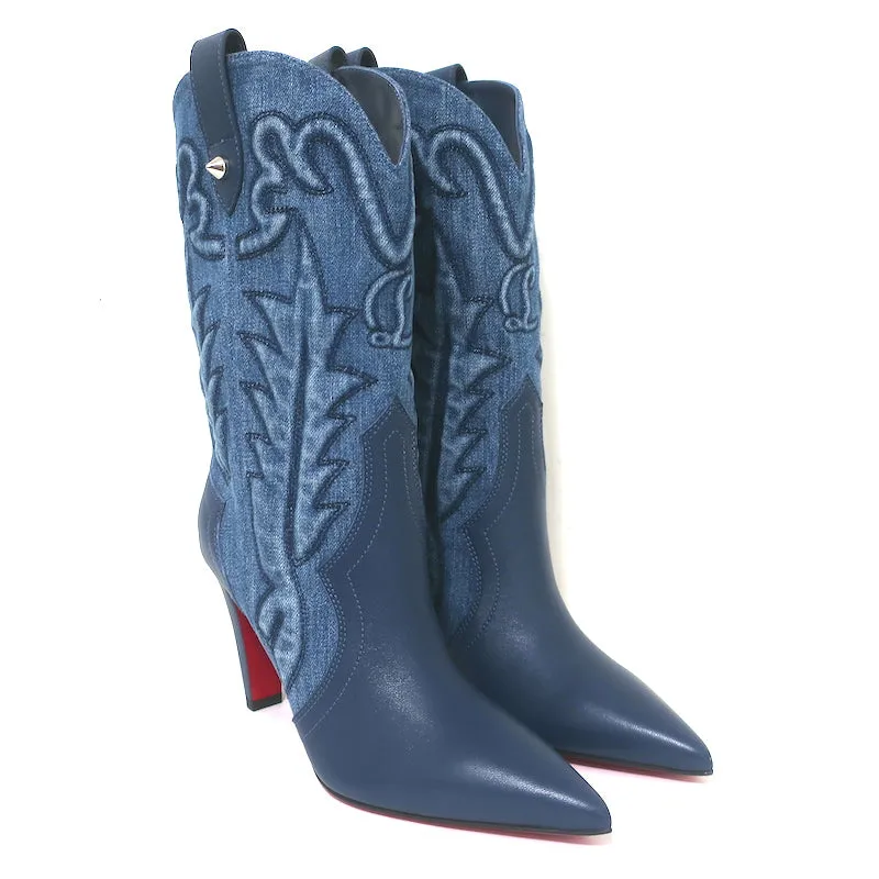Christian Louboutin Santiabooty Western Boots Blue Denim & Leather Size 36 NEW