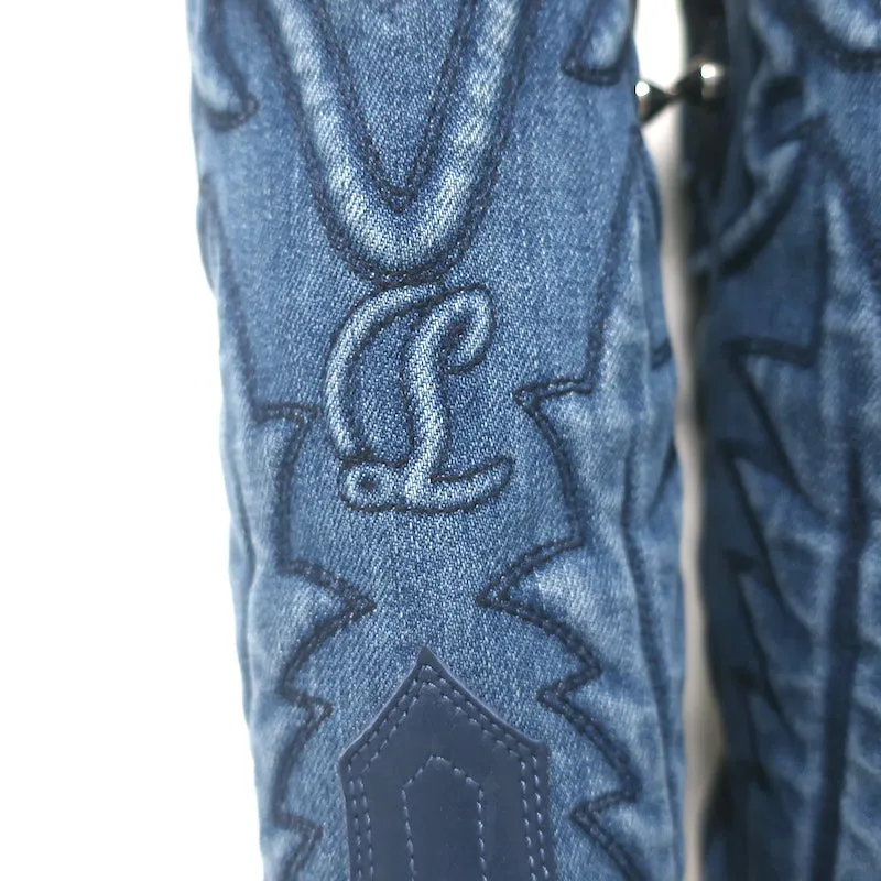 Christian Louboutin Santiabooty Western Boots Blue Denim & Leather Size 36 NEW