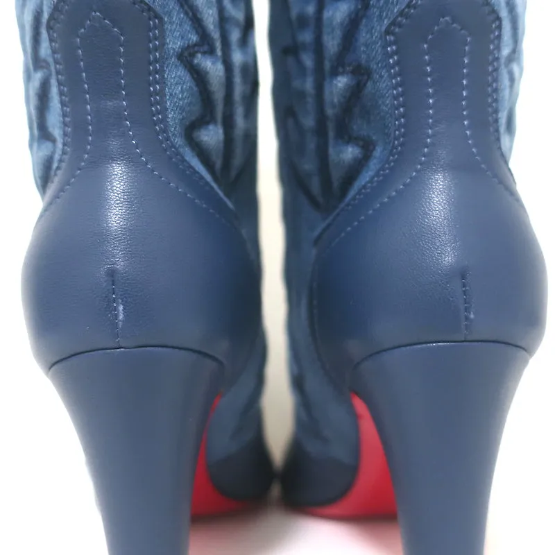 Christian Louboutin Santiabooty Western Boots Blue Denim & Leather Size 36 NEW