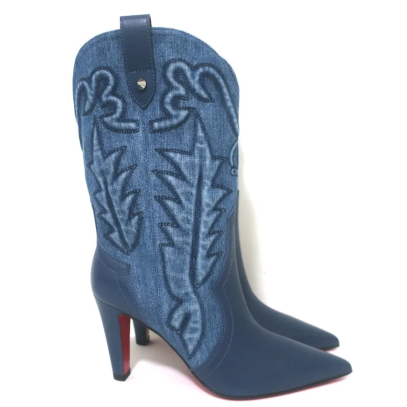 Christian Louboutin Santiabooty Western Boots Blue Denim & Leather Size 36 NEW