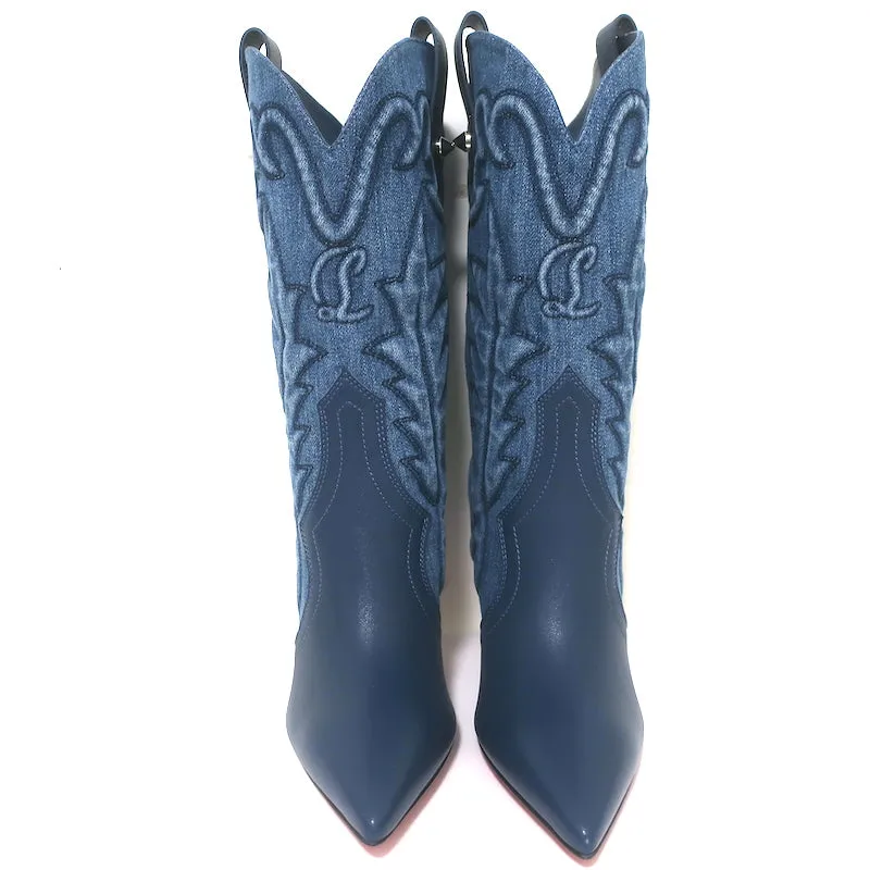 Christian Louboutin Santiabooty Western Boots Blue Denim & Leather Size 36 NEW