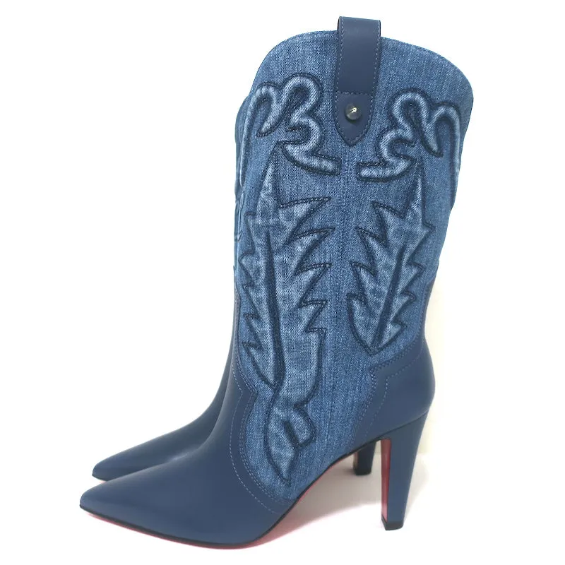 Christian Louboutin Santiabooty Western Boots Blue Denim & Leather Size 36 NEW