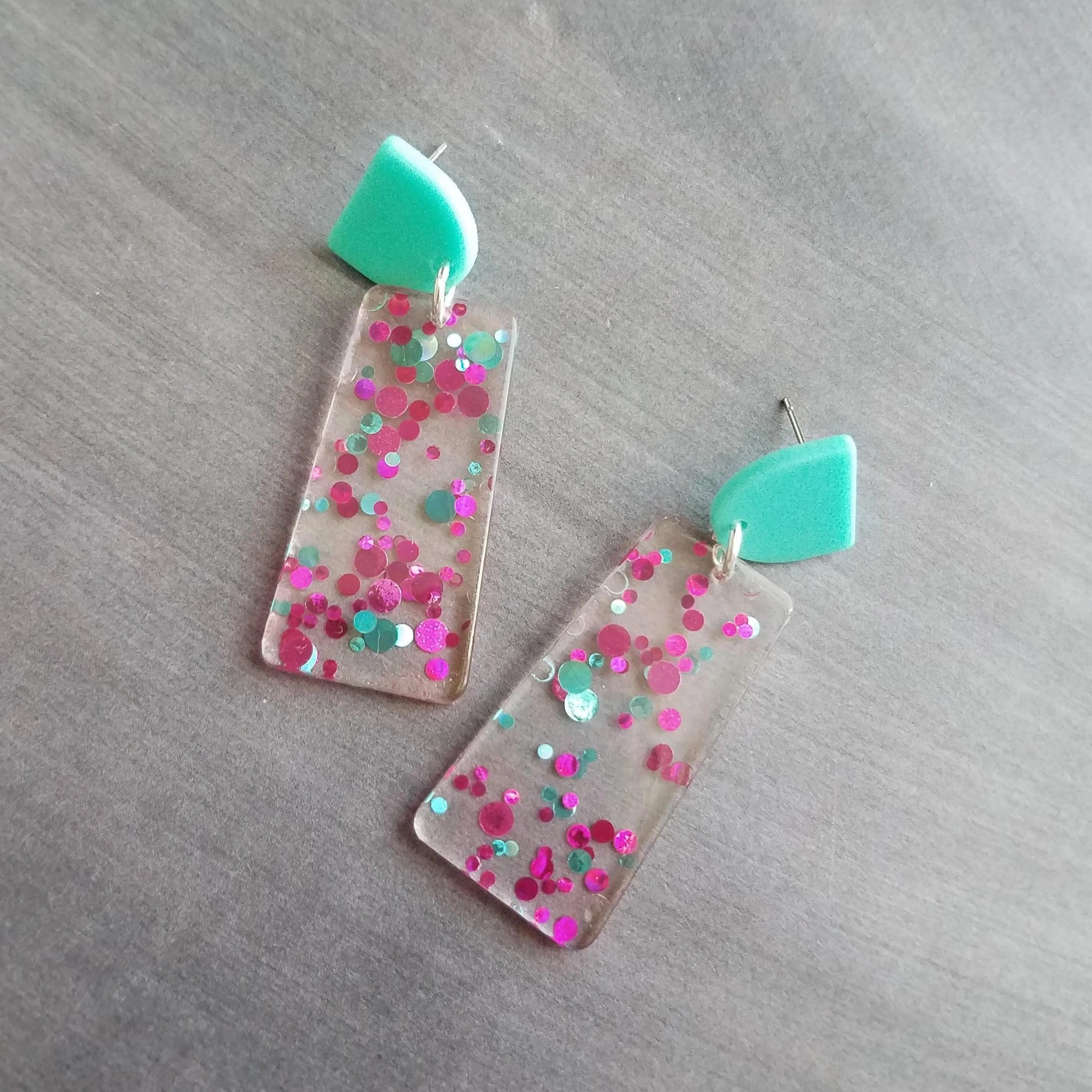 Chunky 80s Earrings, aqua blue stud, turquoise earring, clear acrylic earring, metallic dots magenta polka dot hot pink dots big lightweight