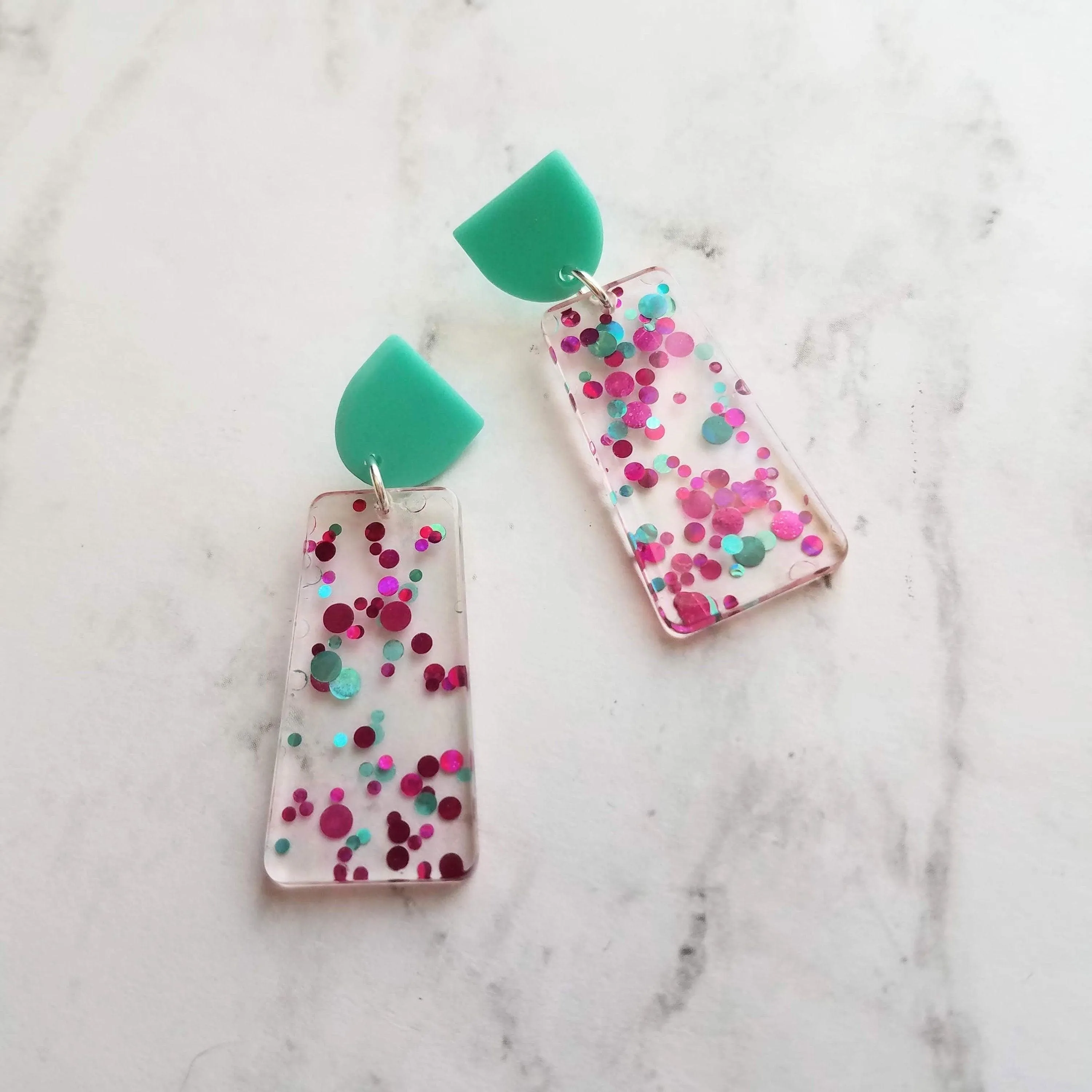 Chunky 80s Earrings, aqua blue stud, turquoise earring, clear acrylic earring, metallic dots magenta polka dot hot pink dots big lightweight