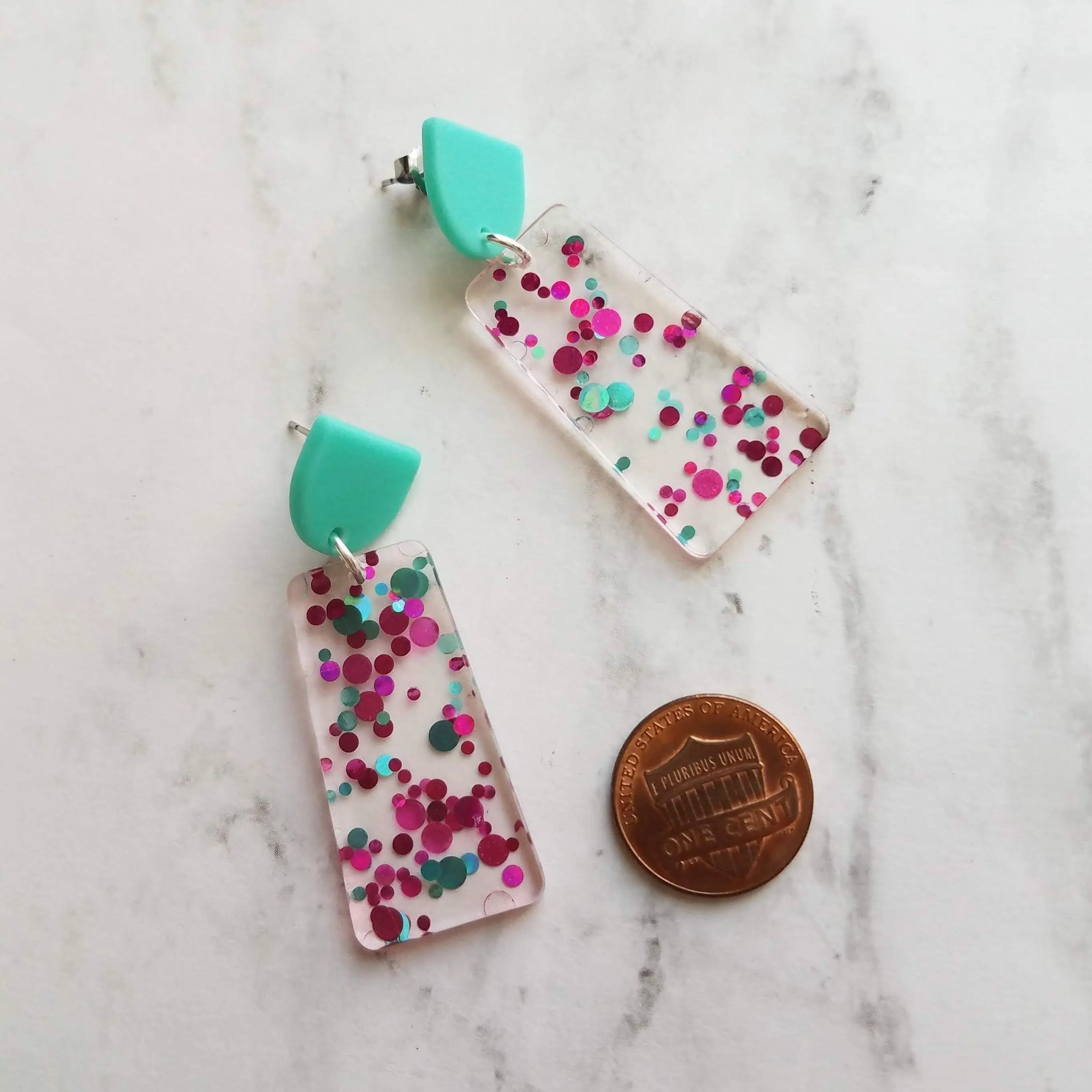 Chunky 80s Earrings, aqua blue stud, turquoise earring, clear acrylic earring, metallic dots magenta polka dot hot pink dots big lightweight
