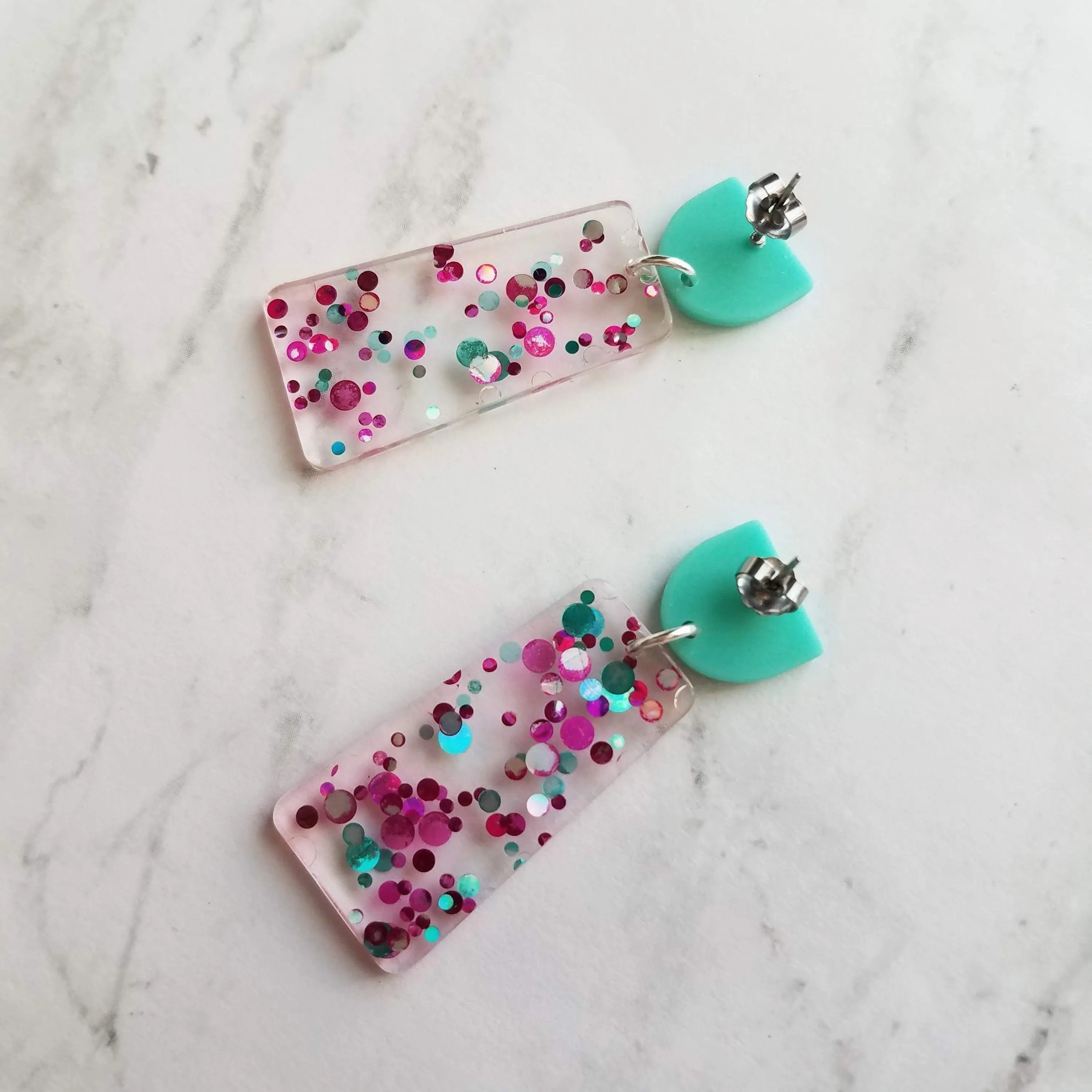 Chunky 80s Earrings, aqua blue stud, turquoise earring, clear acrylic earring, metallic dots magenta polka dot hot pink dots big lightweight