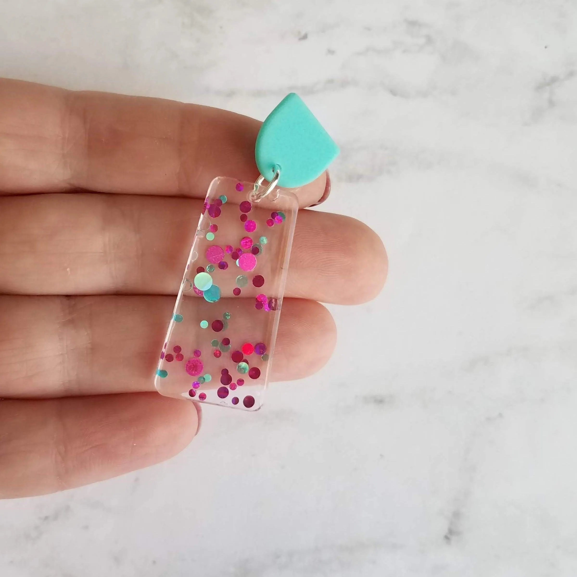 Chunky 80s Earrings, aqua blue stud, turquoise earring, clear acrylic earring, metallic dots magenta polka dot hot pink dots big lightweight