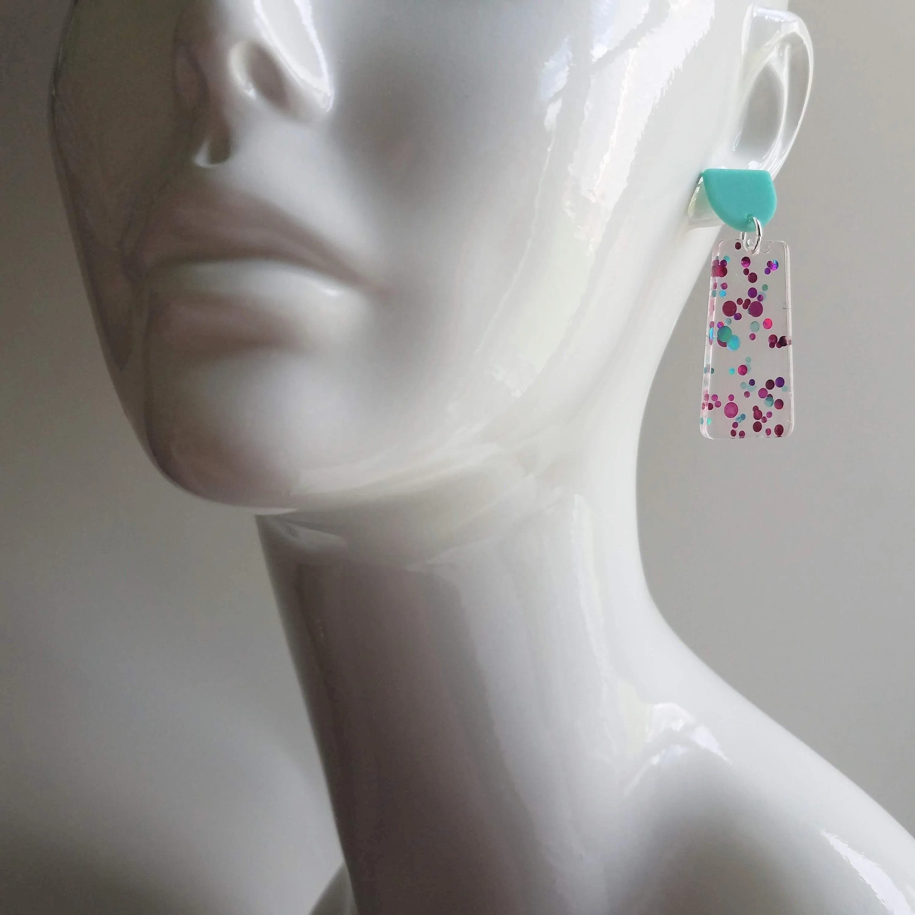 Chunky 80s Earrings, aqua blue stud, turquoise earring, clear acrylic earring, metallic dots magenta polka dot hot pink dots big lightweight