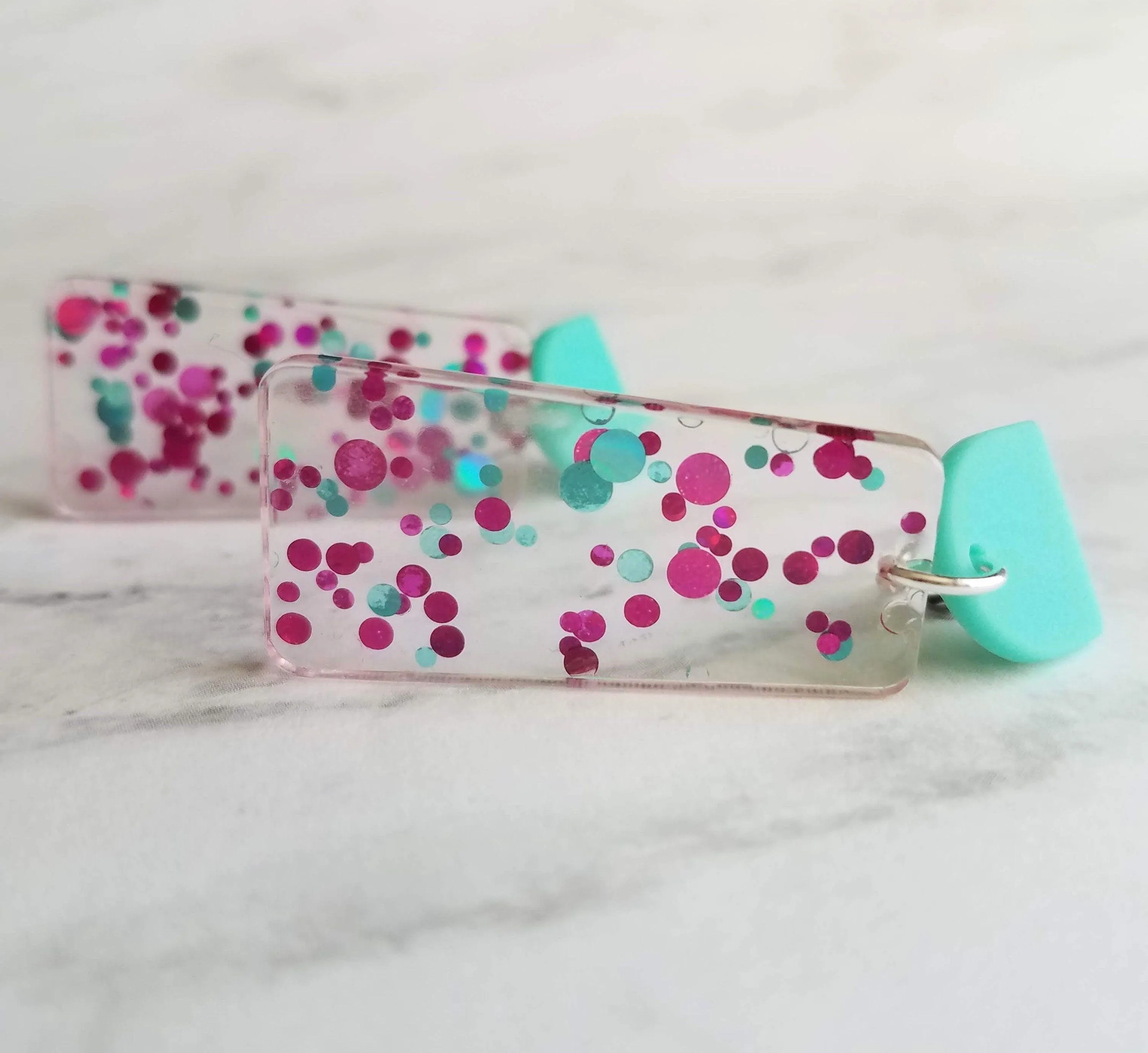 Chunky 80s Earrings, aqua blue stud, turquoise earring, clear acrylic earring, metallic dots magenta polka dot hot pink dots big lightweight