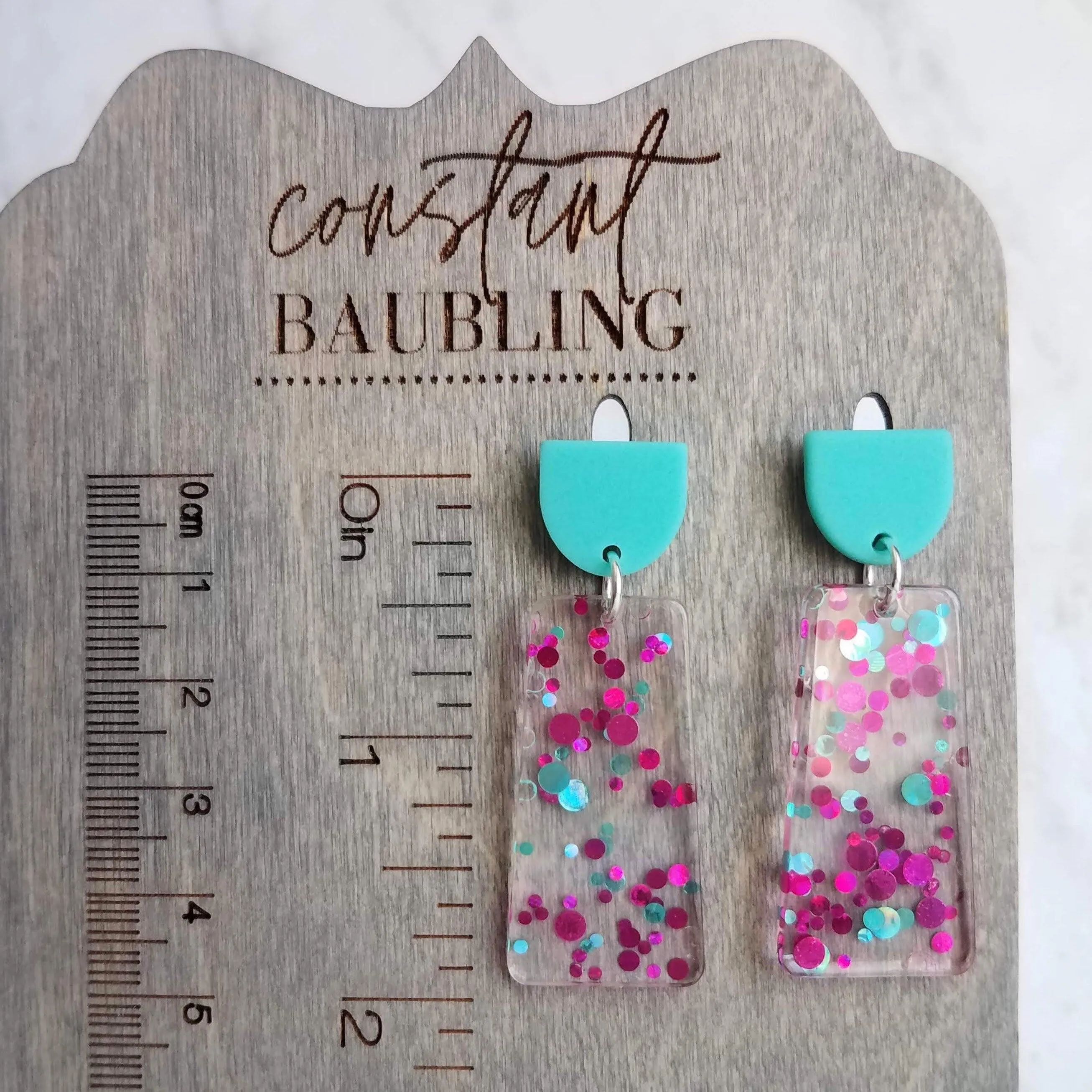Chunky 80s Earrings, aqua blue stud, turquoise earring, clear acrylic earring, metallic dots magenta polka dot hot pink dots big lightweight
