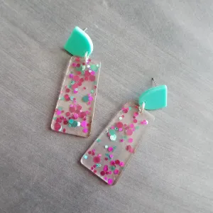 Chunky 80s Earrings, aqua blue stud, turquoise earring, clear acrylic earring, metallic dots magenta polka dot hot pink dots big lightweight