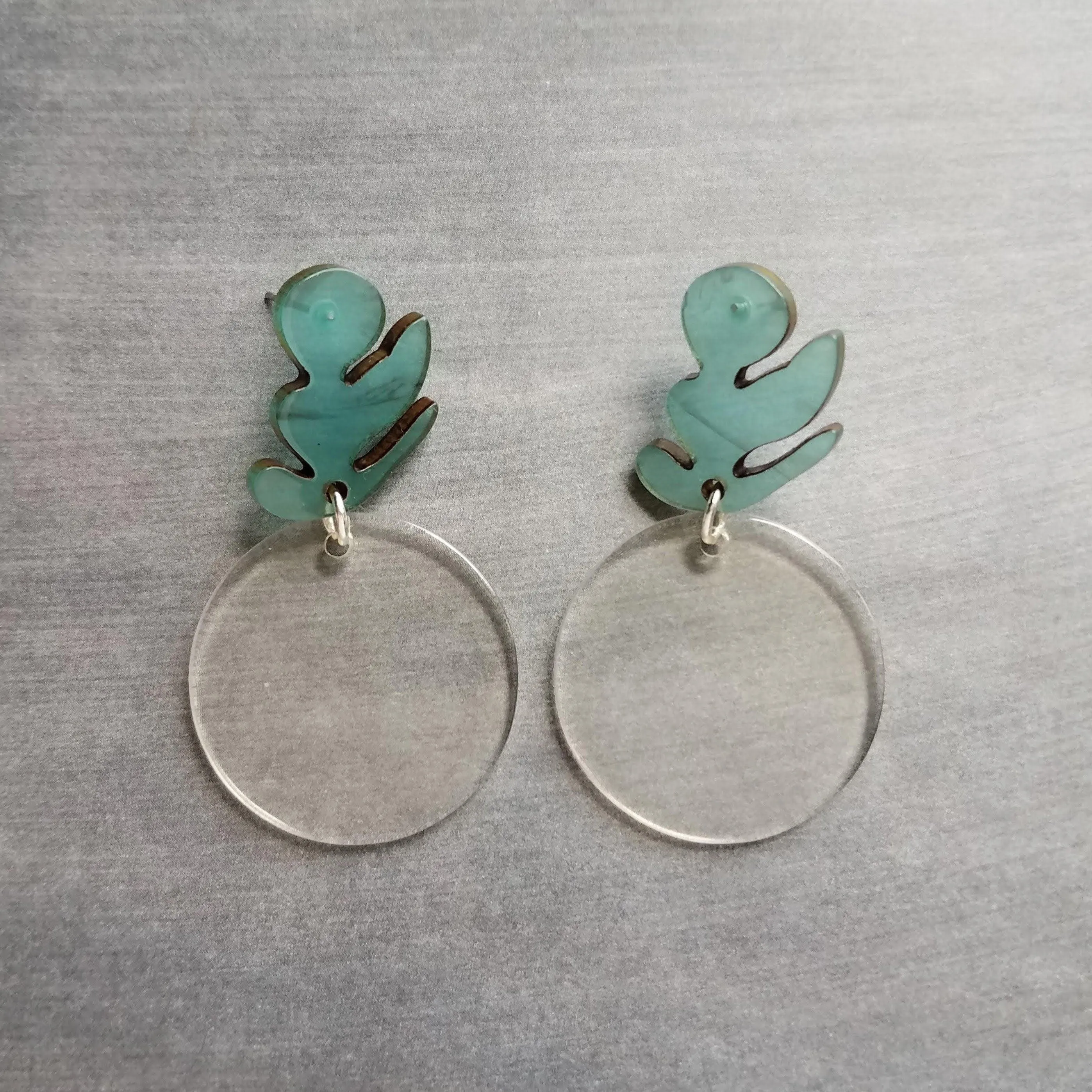 Chunky Acrylic Earrings, 80s style earring, clear plastic earring, vintage earring, clear round dangle, teal earring, large earring, leaf