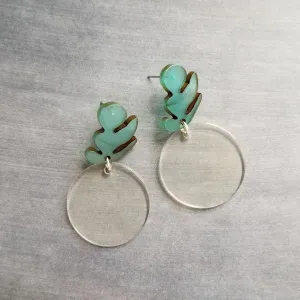 Chunky Acrylic Earrings, 80s style earring, clear plastic earring, vintage earring, clear round dangle, teal earring, large earring, leaf