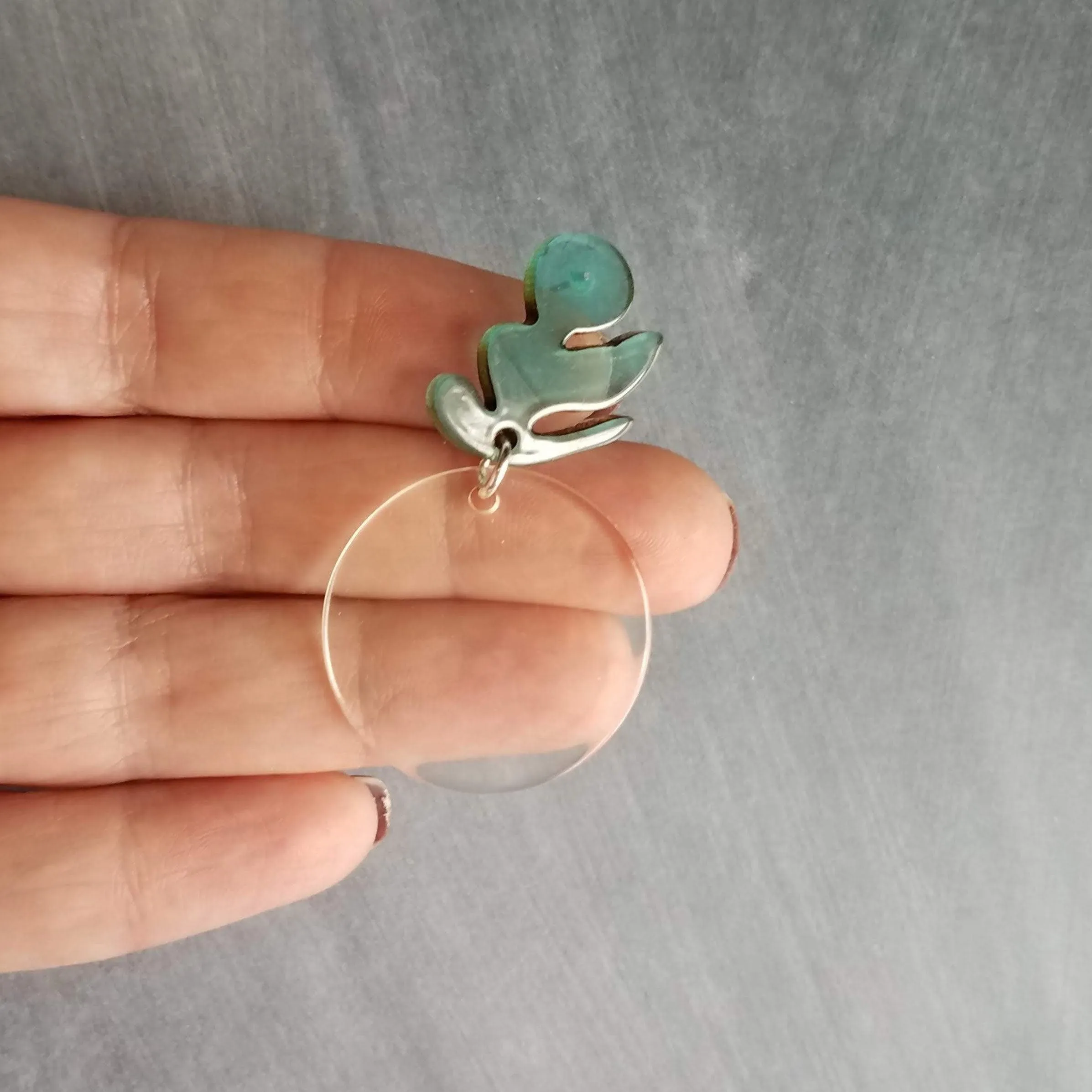 Chunky Acrylic Earrings, 80s style earring, clear plastic earring, vintage earring, clear round dangle, teal earring, large earring, leaf