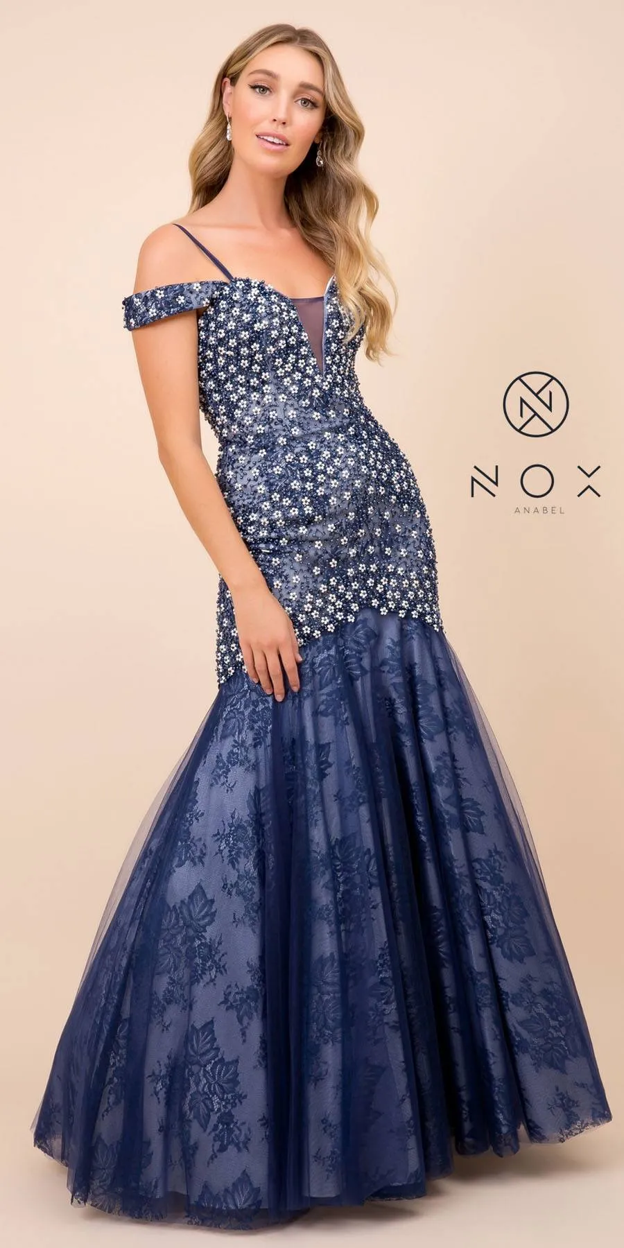 CLEARANCE - Nox Anabel 8328 Mermaid Off-Shoulder Dress Embellished (Size M)