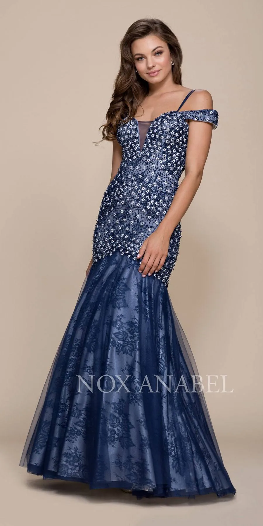 CLEARANCE - Nox Anabel 8328 Mermaid Off-Shoulder Dress Embellished (Size M)