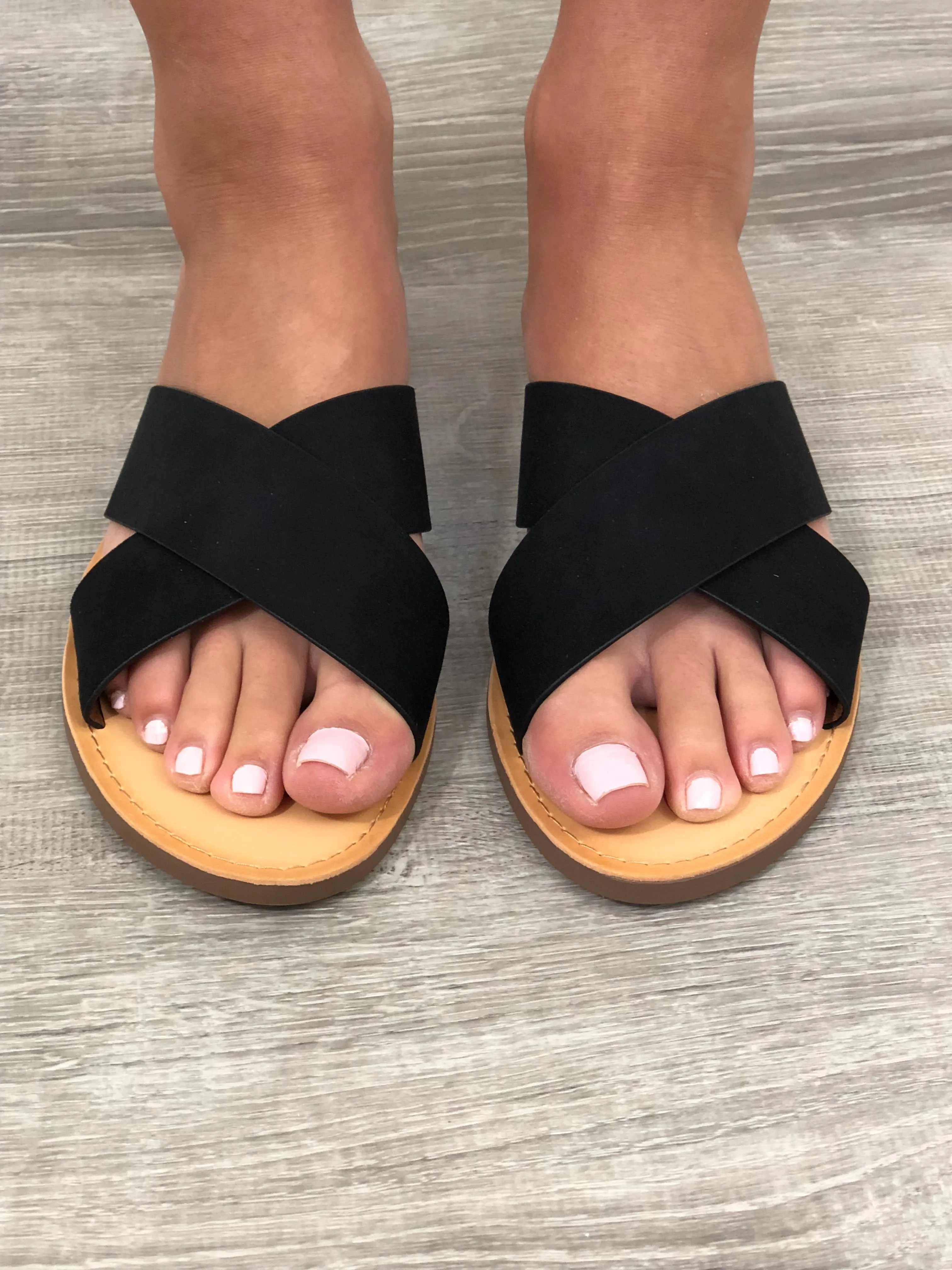 Crisscross Slide On Sandal Black