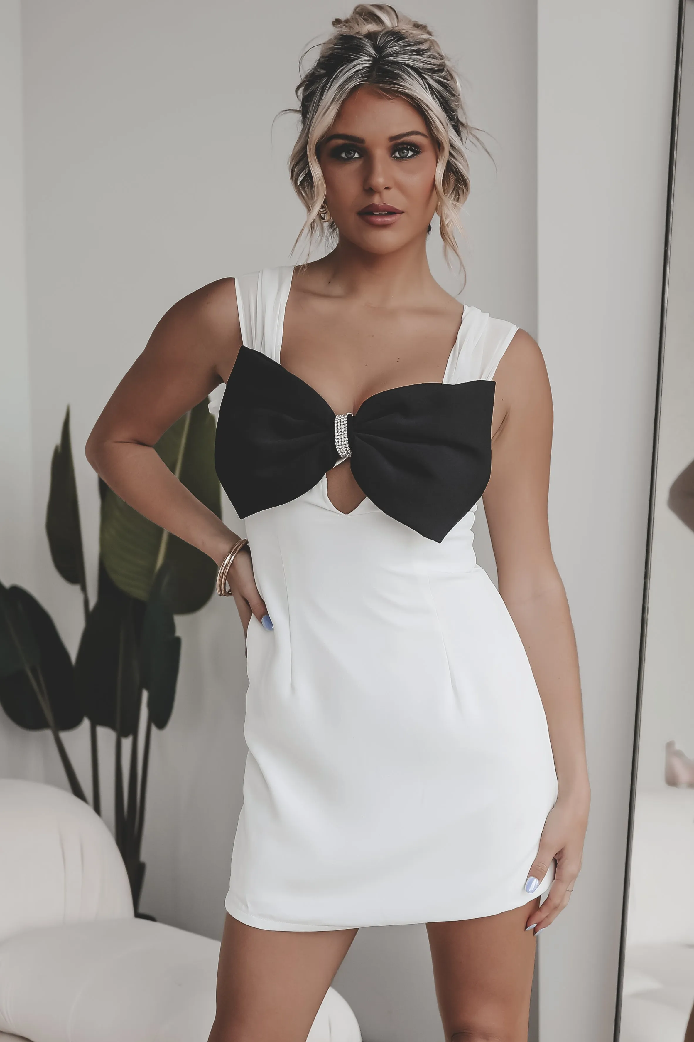 DEAL Elegant Is My Middle Name White Bow Mini Dress