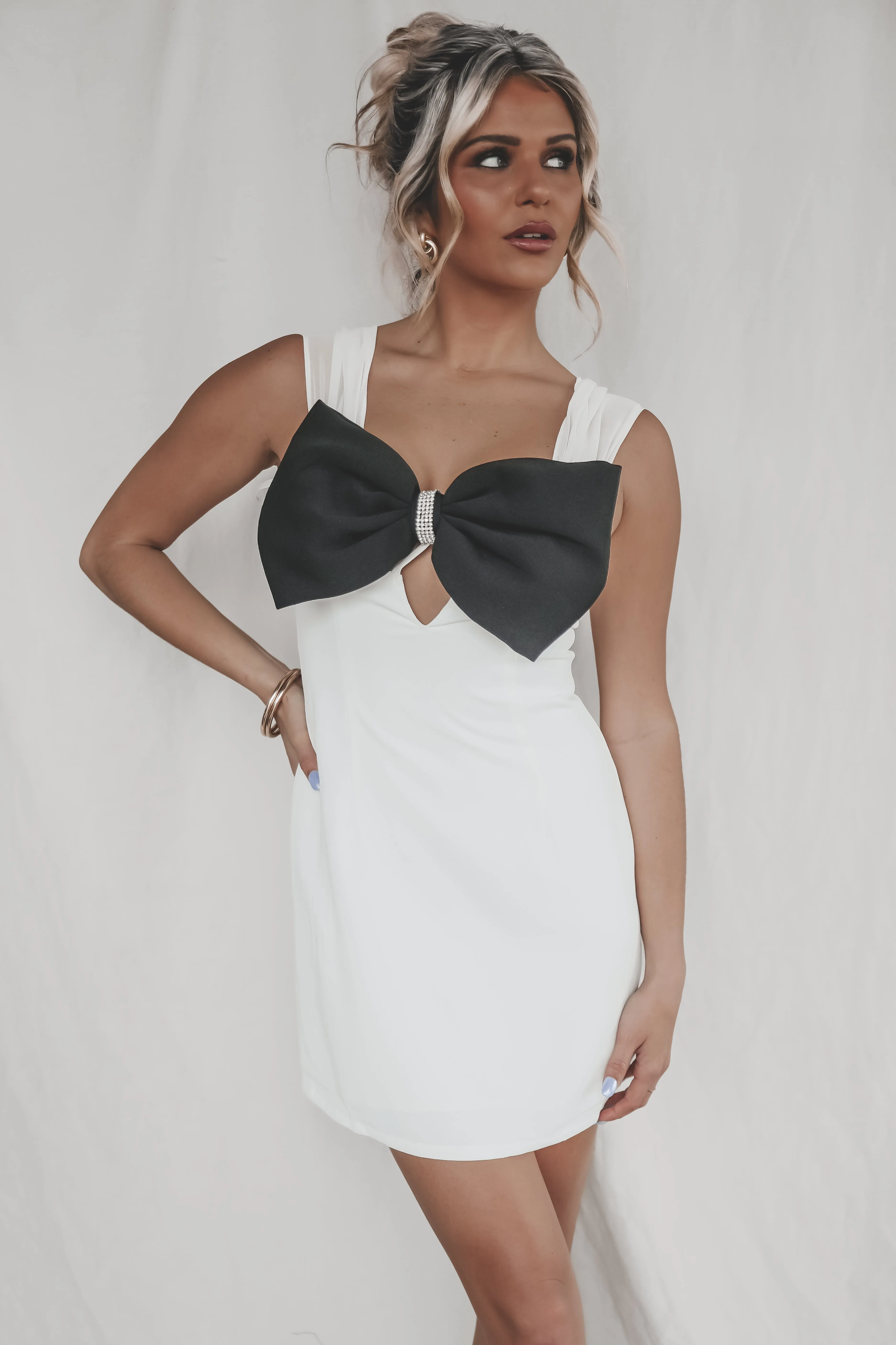 DEAL Elegant Is My Middle Name White Bow Mini Dress