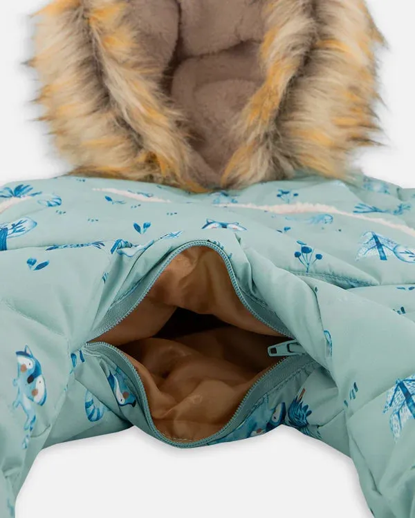 deux par deux Baby Boys One Piece Baby Hooded Snowsuit - Sage Printed Racoons Designed For Car Seat