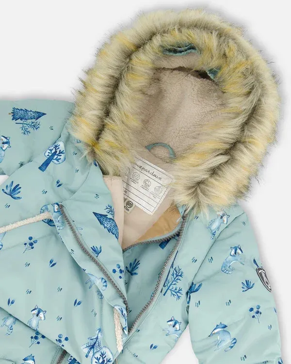 deux par deux Baby Boys One Piece Baby Hooded Snowsuit - Sage Printed Racoons Designed For Car Seat