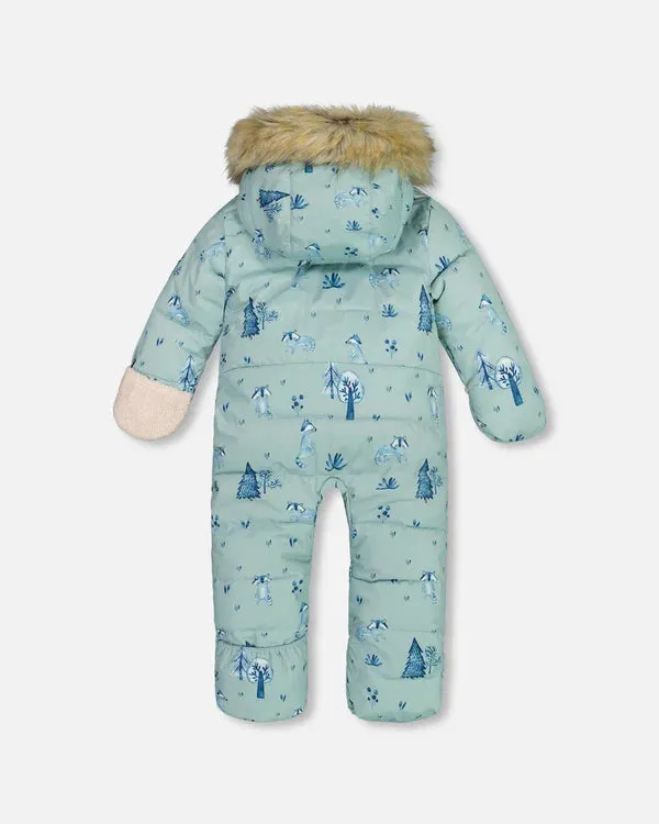 deux par deux Baby Boys One Piece Baby Hooded Snowsuit - Sage Printed Racoons Designed For Car Seat