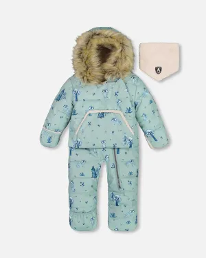 deux par deux Baby Boys One Piece Baby Hooded Snowsuit - Sage Printed Racoons Designed For Car Seat