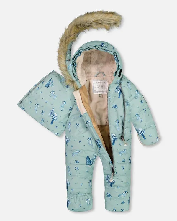deux par deux Baby Boys One Piece Baby Hooded Snowsuit - Sage Printed Racoons Designed For Car Seat