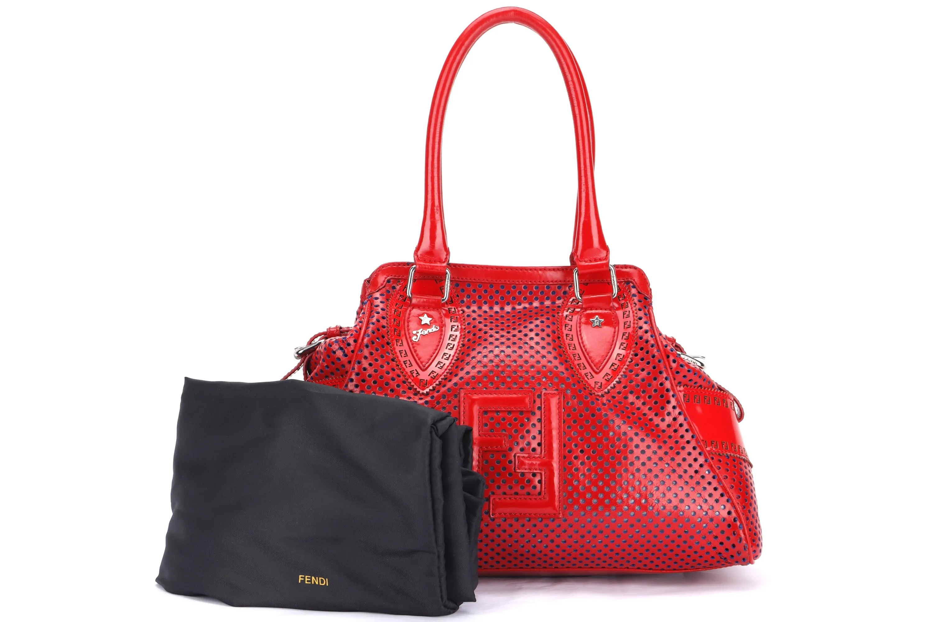 FENDI PERFORATED DE JOUR HANDBAG (8BN157-AFM-098) RED PATENT LEATHER SILVER HARDWARE, WITH DUST COVER