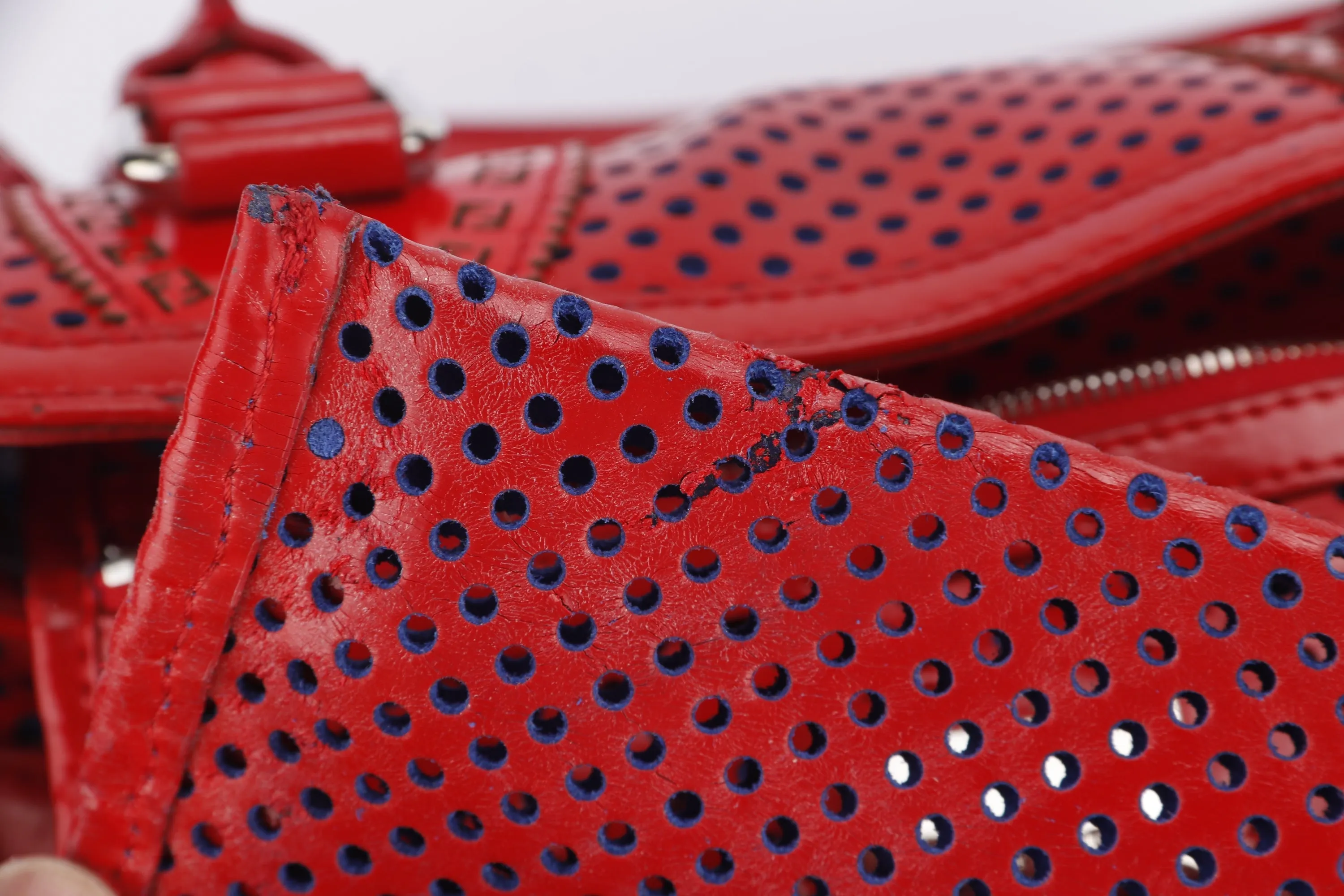 FENDI PERFORATED DE JOUR HANDBAG (8BN157-AFM-098) RED PATENT LEATHER SILVER HARDWARE, WITH DUST COVER