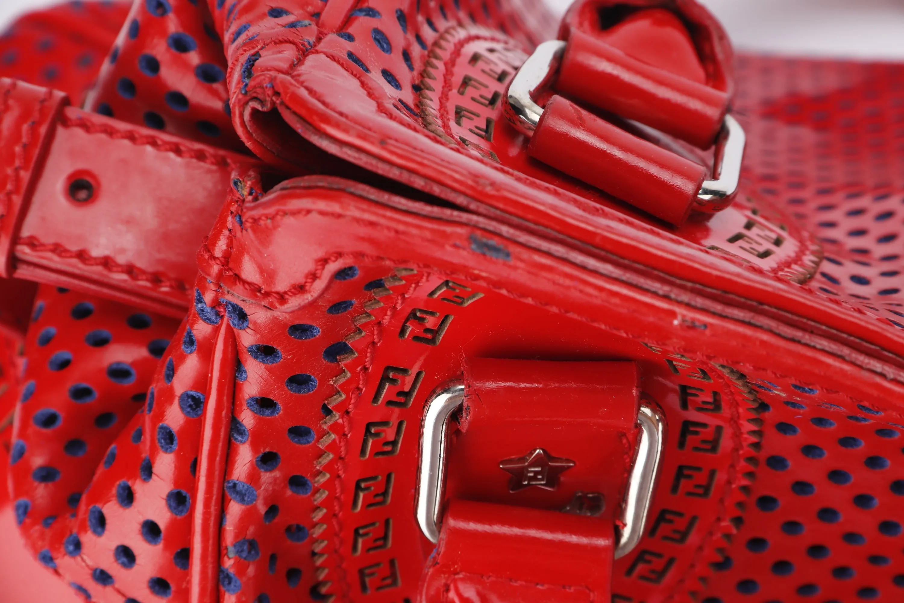 FENDI PERFORATED DE JOUR HANDBAG (8BN157-AFM-098) RED PATENT LEATHER SILVER HARDWARE, WITH DUST COVER