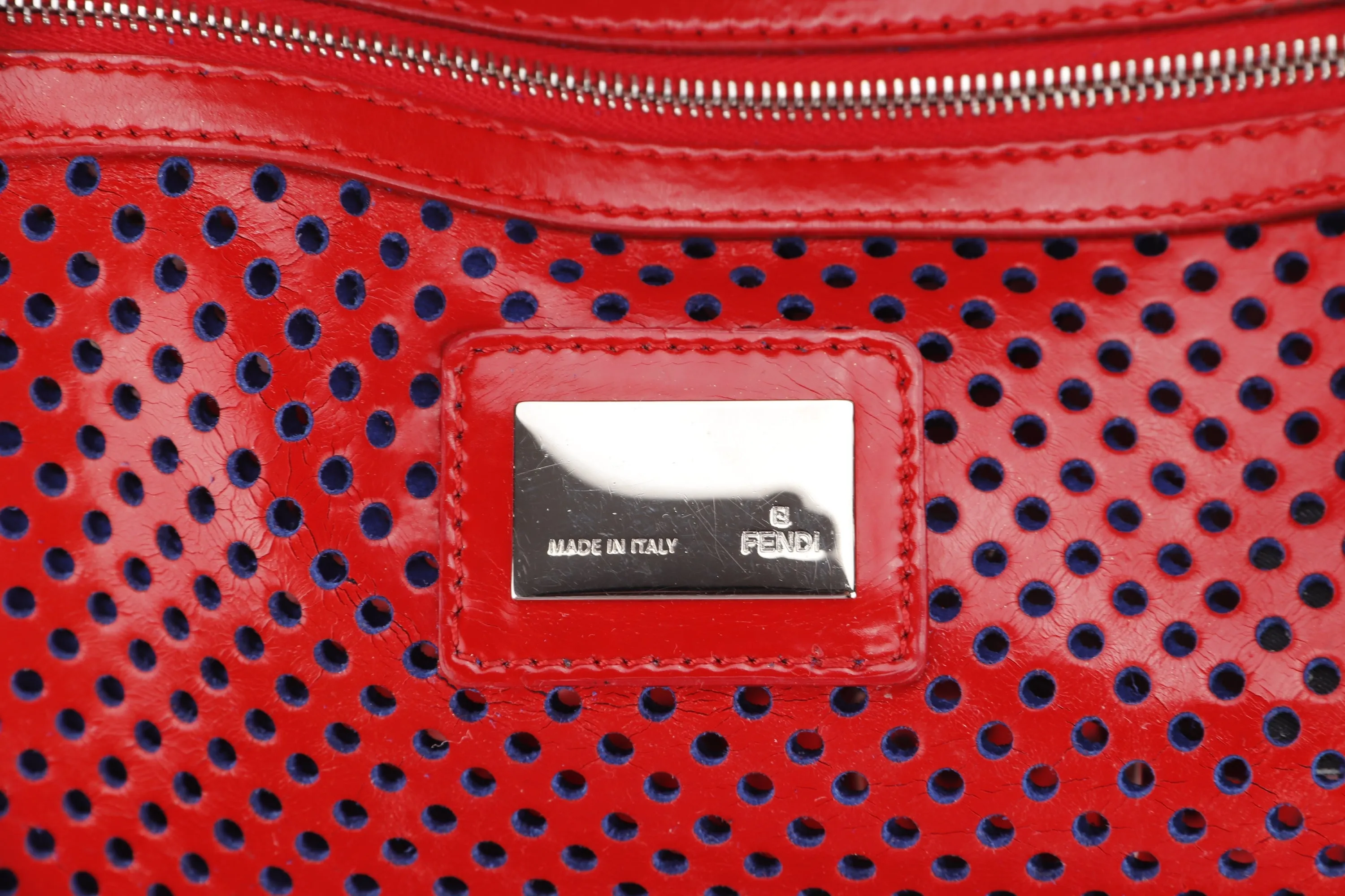 FENDI PERFORATED DE JOUR HANDBAG (8BN157-AFM-098) RED PATENT LEATHER SILVER HARDWARE, WITH DUST COVER