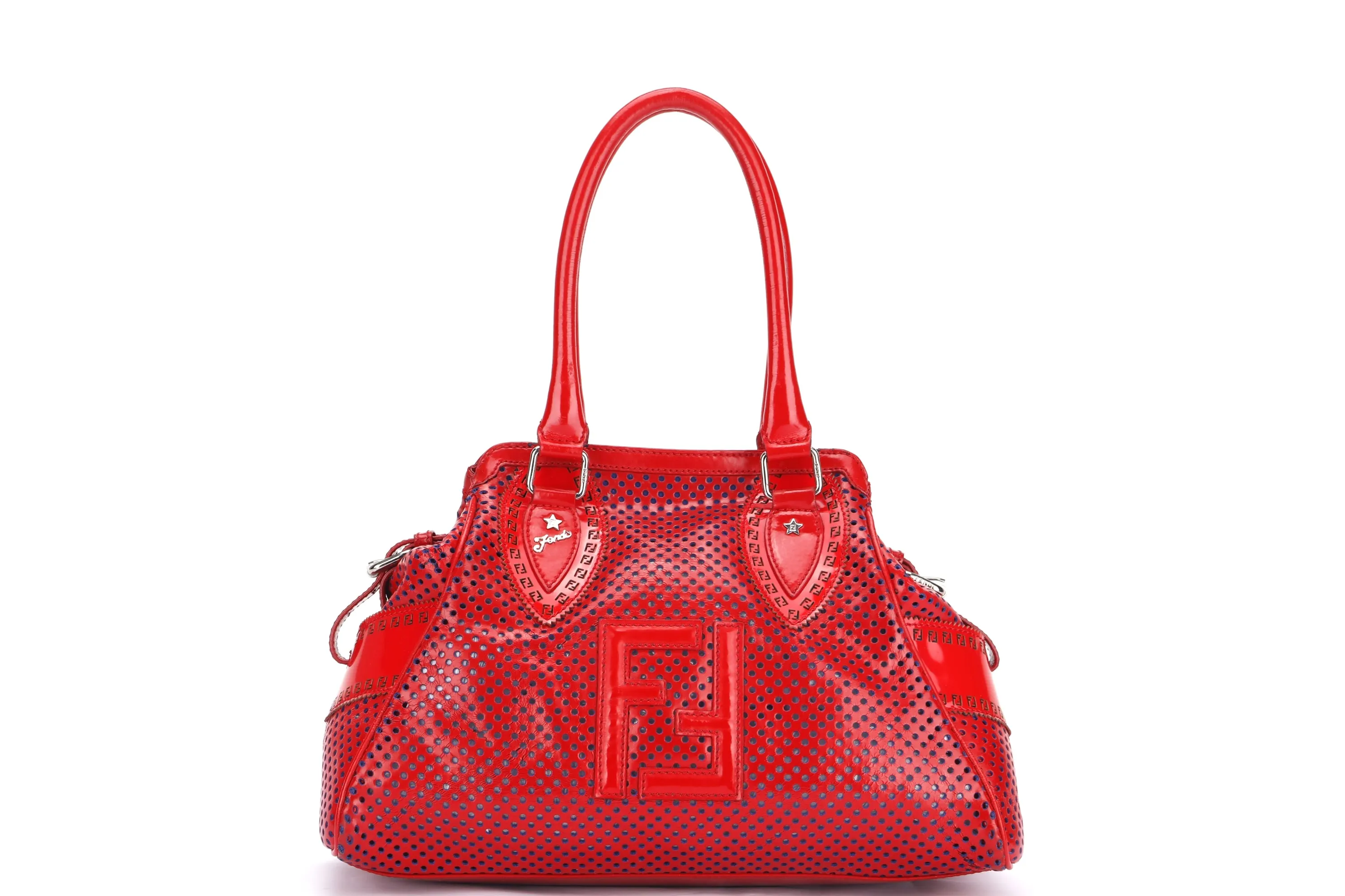 FENDI PERFORATED DE JOUR HANDBAG (8BN157-AFM-098) RED PATENT LEATHER SILVER HARDWARE, WITH DUST COVER