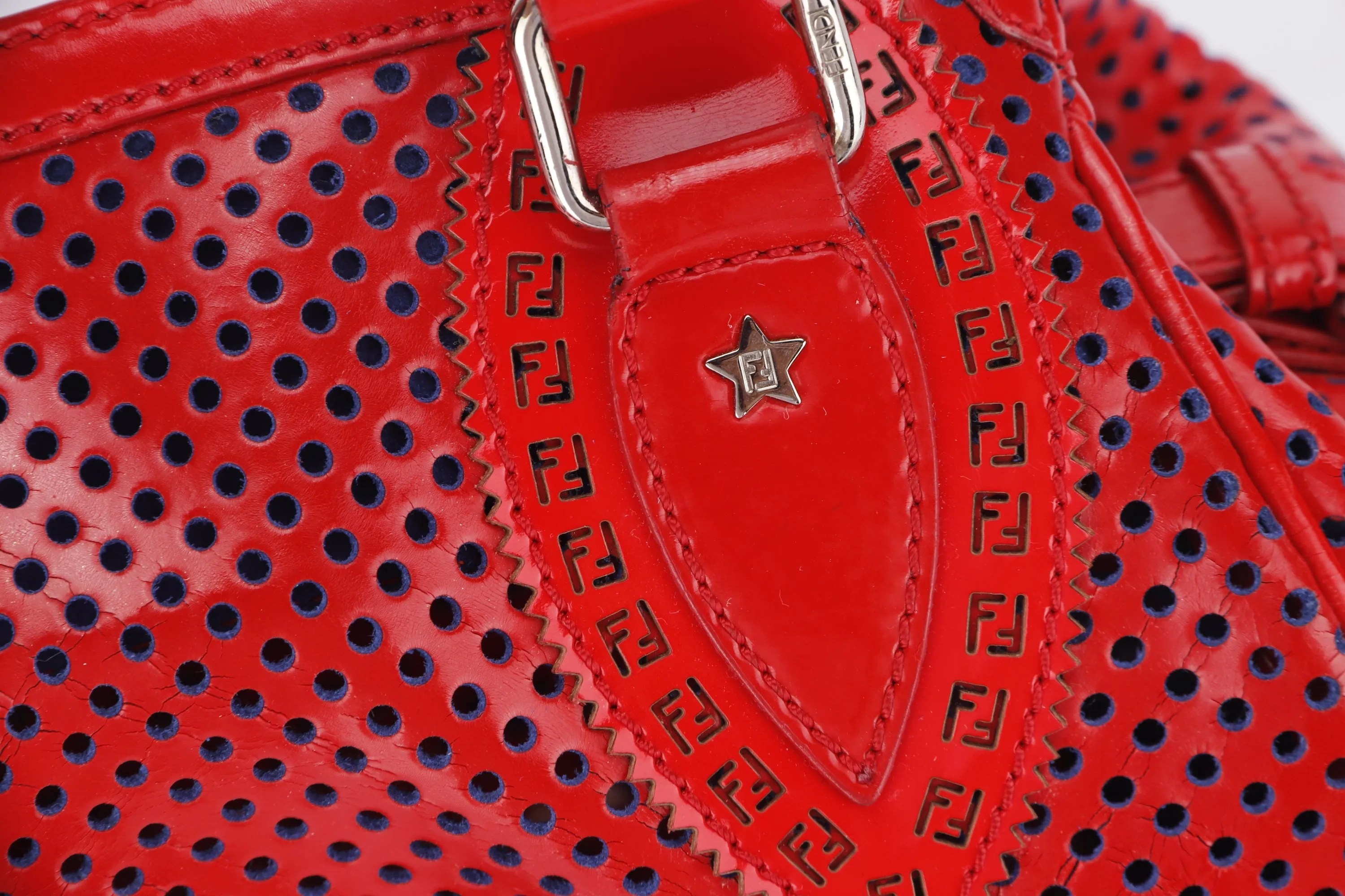 FENDI PERFORATED DE JOUR HANDBAG (8BN157-AFM-098) RED PATENT LEATHER SILVER HARDWARE, WITH DUST COVER