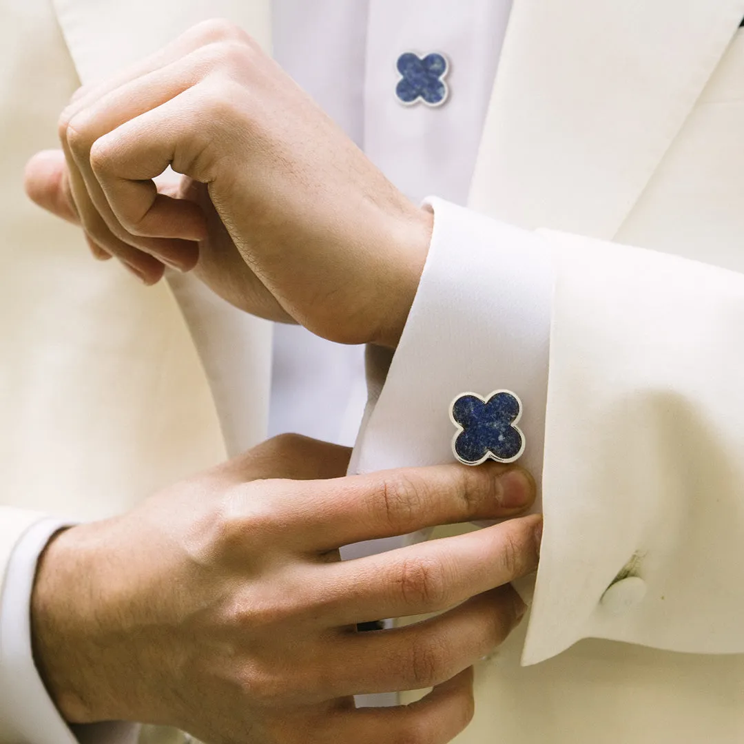 Four Leaf Clover White Sterling Cufflinks & Studs