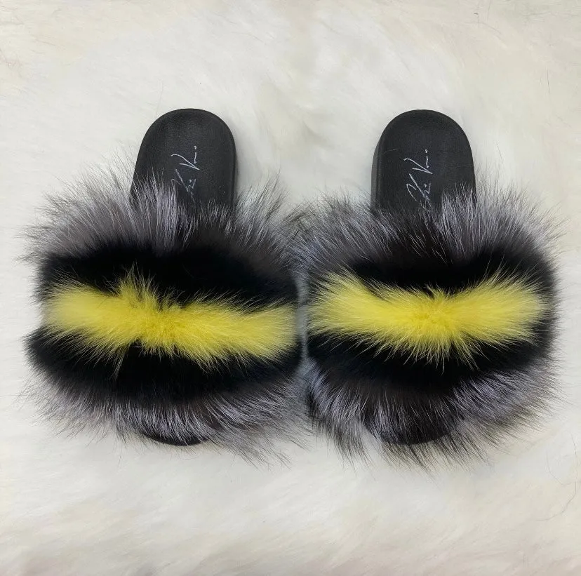 Fur Slides-Black and Yellow