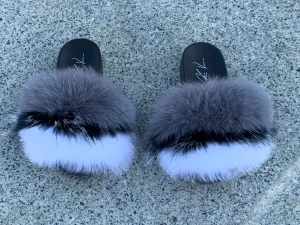 Fur Slides- Gray Black and White