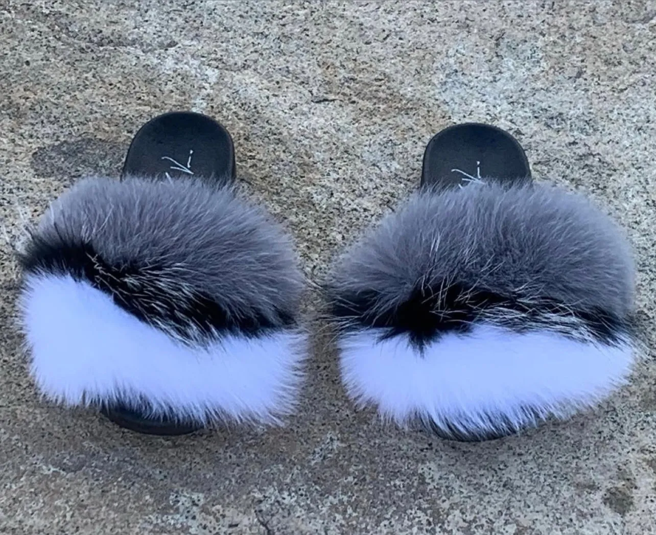 Fur Slides- Gray Black and White