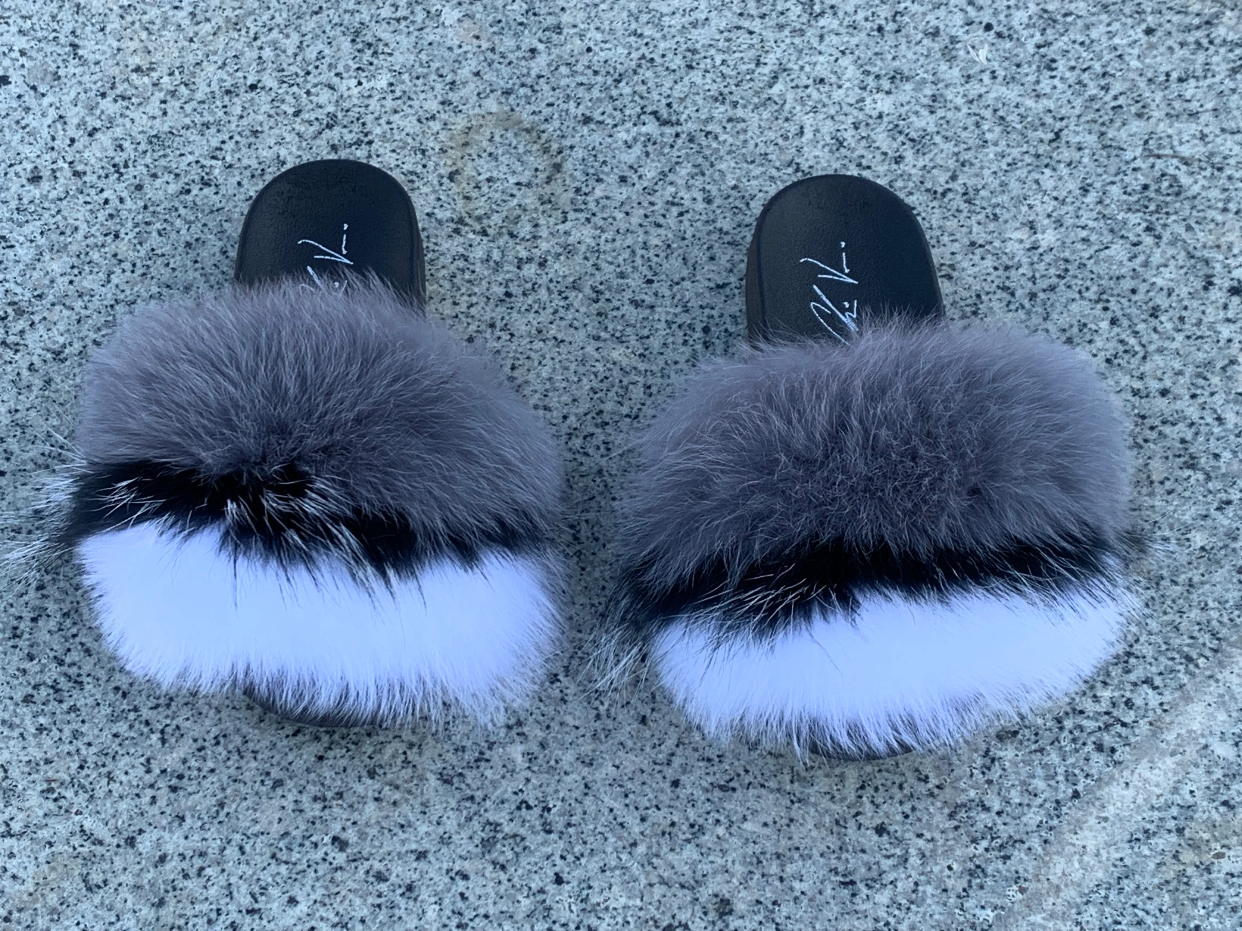 Fur Slides- Gray Black and White