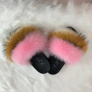 Fur Slides- Light Pink Brown and Tan