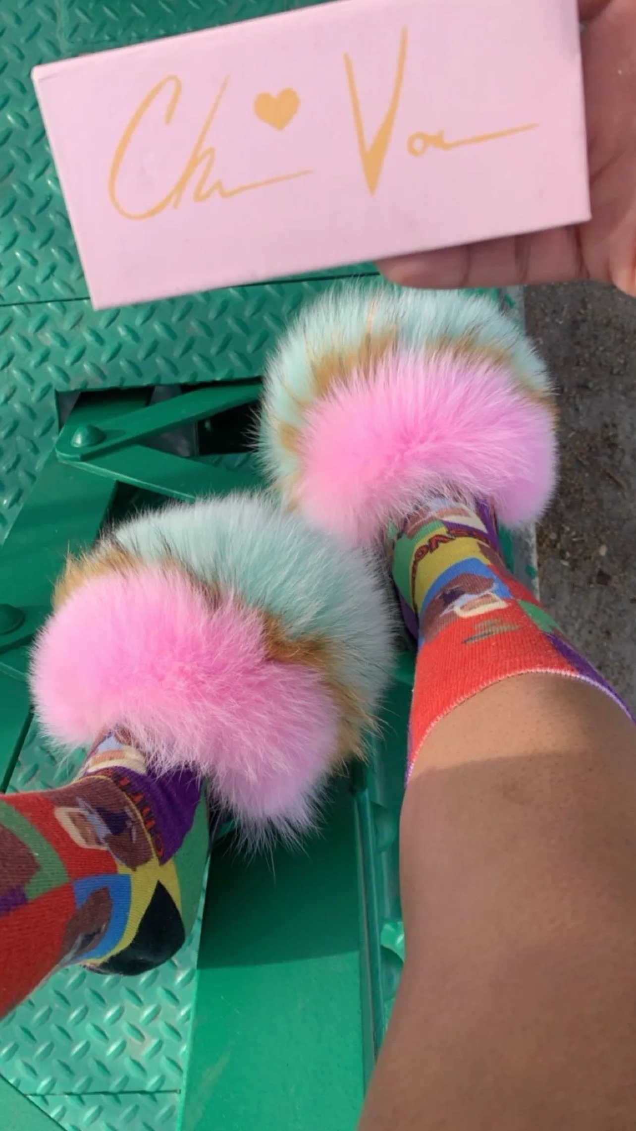 Fur Slides- Mint Brown and Pink