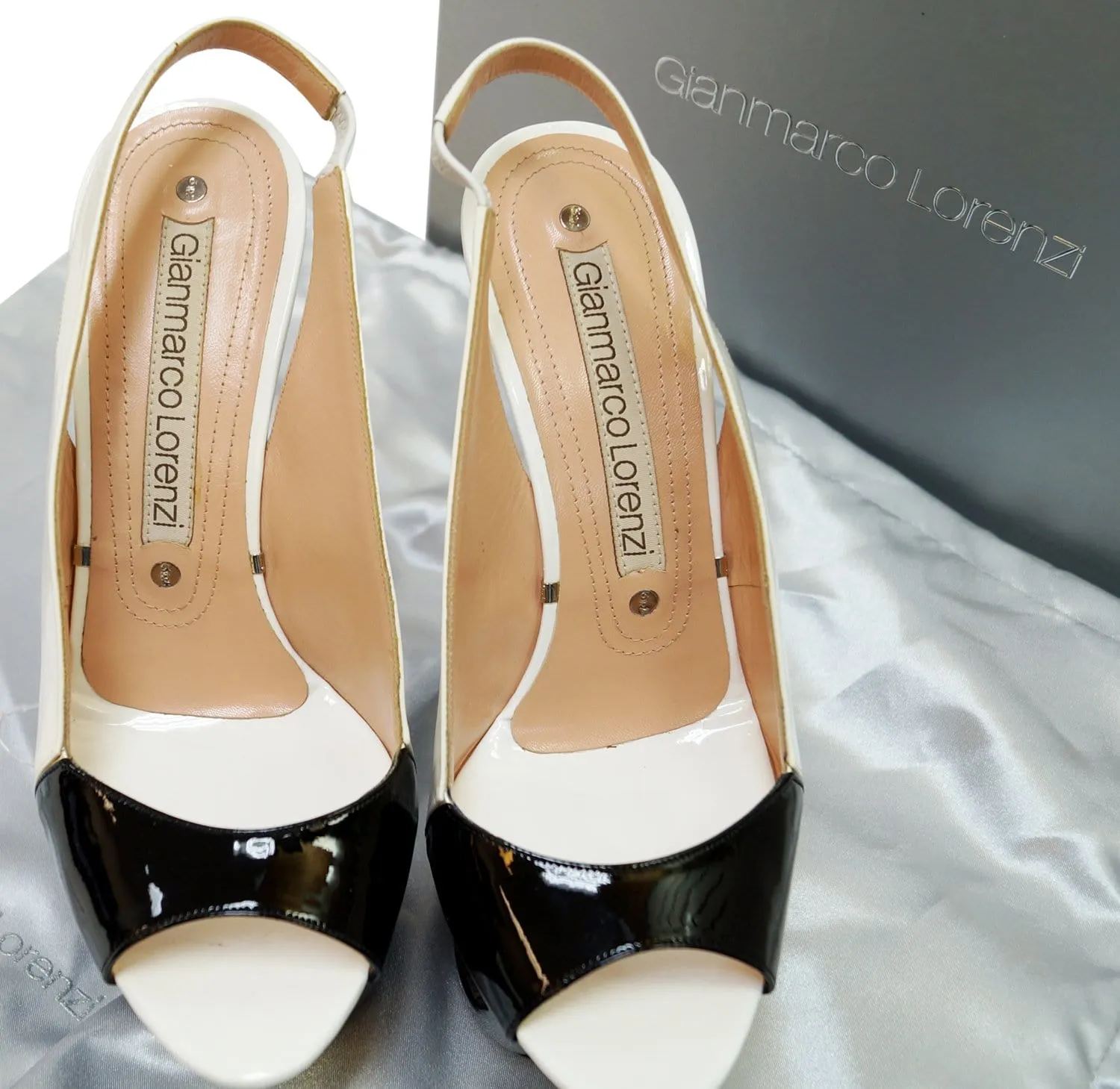 GIANMARCO LORENZI Open Toe Black/White Sling Cutout Platform Size 38